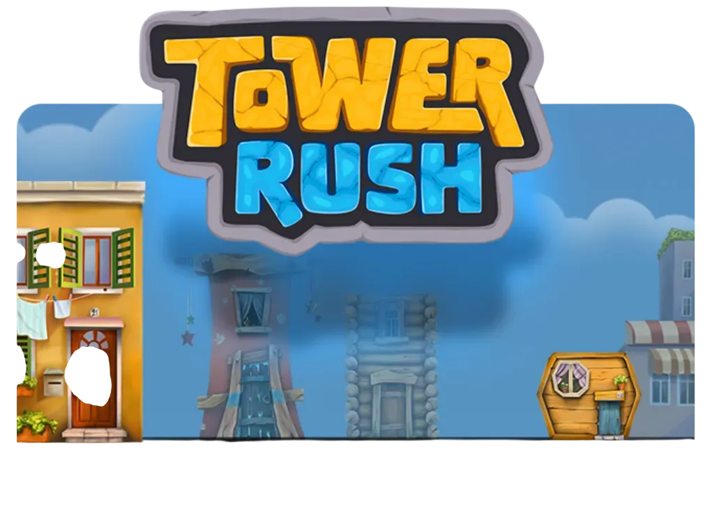 Tower Rush loading screen with the logo above a street of stacked wooden houses