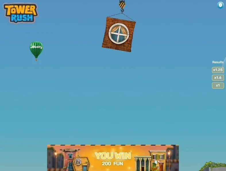 Brick block on the crane while the You Win banner shows a 200 FUN payout