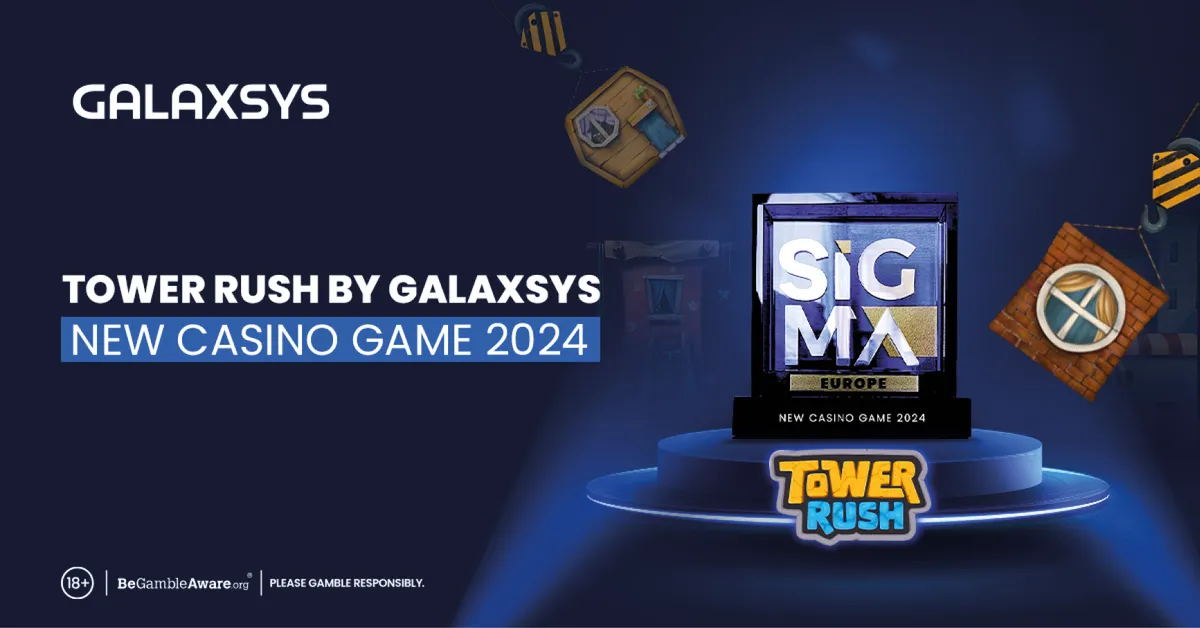 Tower Rush by Galaxsys next to the SiGMA Europe New Casino Game 2024 trophy