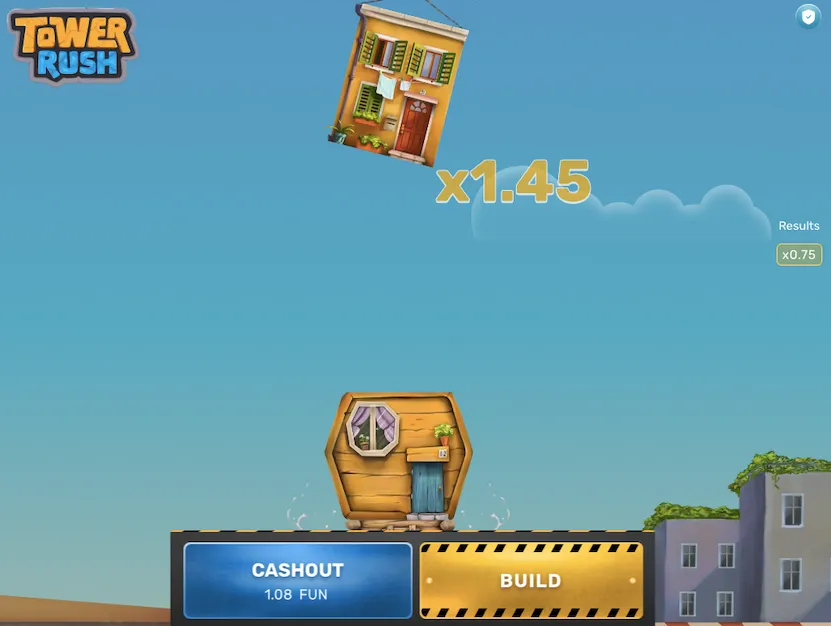 Tower Rush logo beside a wooden block and a You Win message for 44200 FUN
