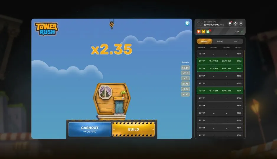 Tower Rush round sitting at a x2.35 multiplier with the players and history panel open