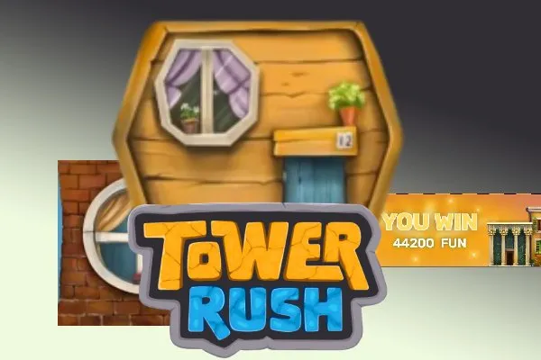 Tower Rush game logo above the cartoon street where the tower is built