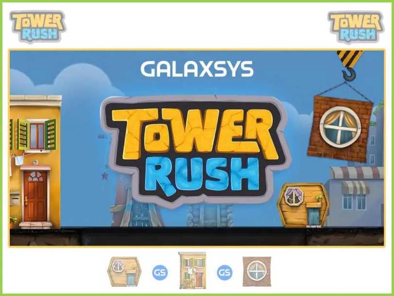 Galaxsys promo sheet with the Tower Rush title screen and the building blocks used in the game