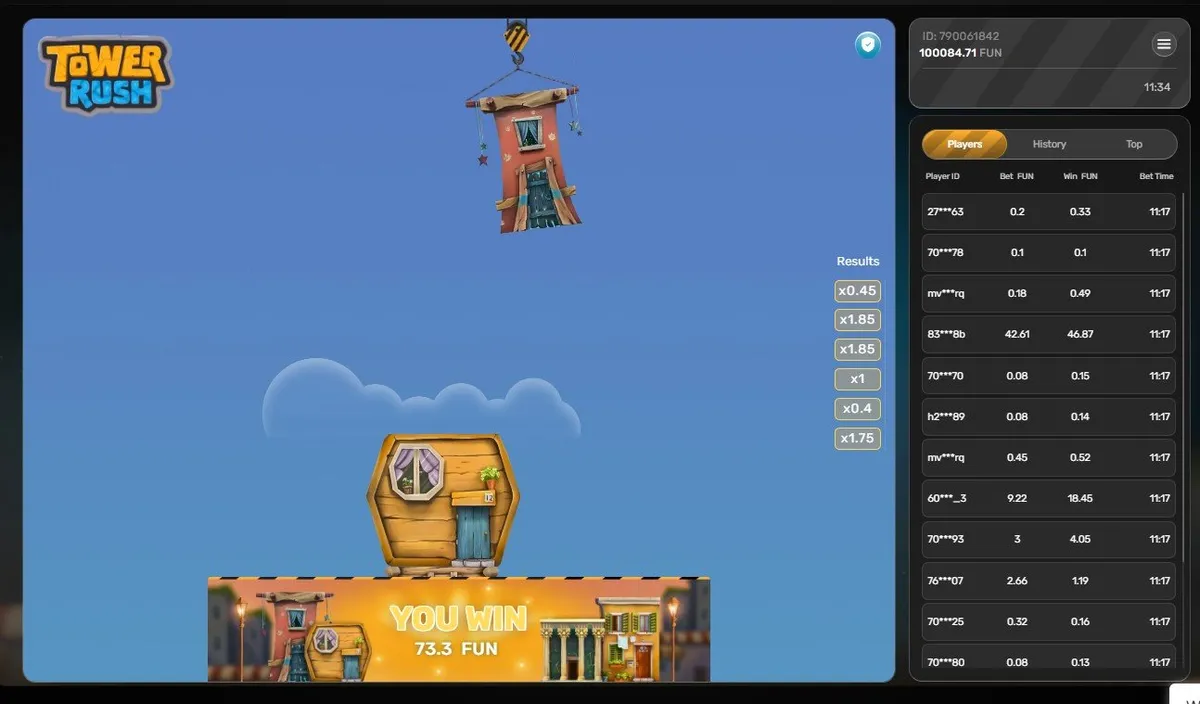 Tower Rush round ending on a 73.3 FUN win with recent multipliers listed beside the tower