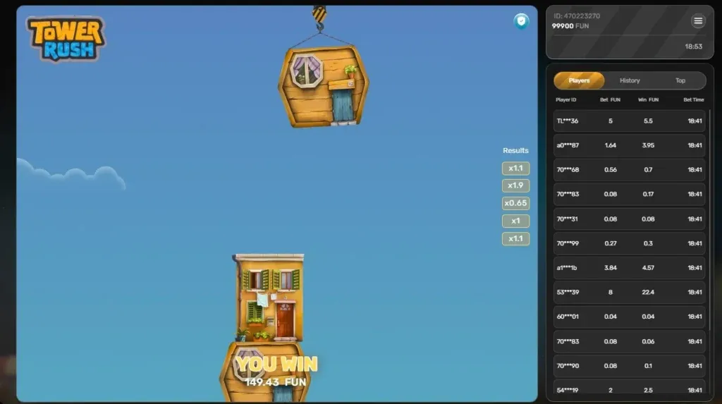 Two-storey Tower Rush build paying 149.43 FUN with x1.1 and x1.9 in the results strip