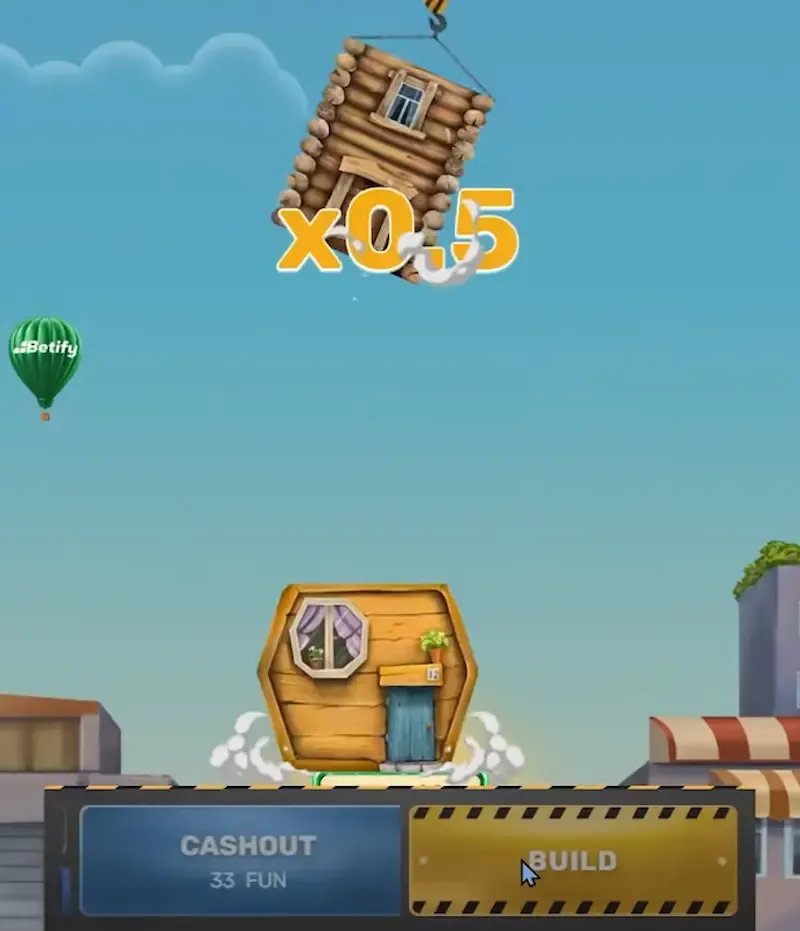 Close-up of the x0.5 multiplier with the cashout button showing 33 FUN beside the build button