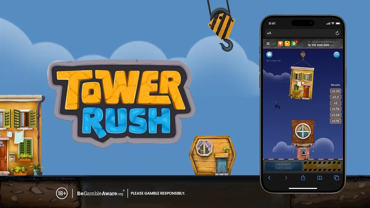 Tower Rush in a phone browser with the cashout and build buttons and an 18 plus notice